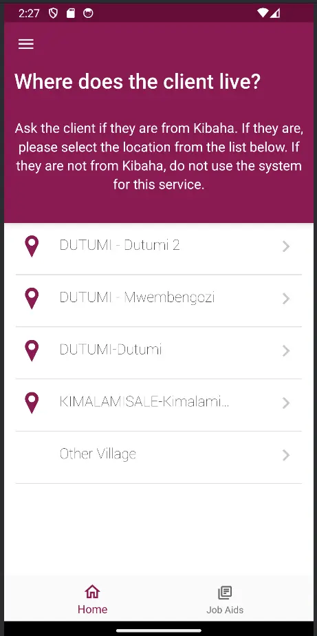Drug Shop app main screening showing the list of villages based on the location.